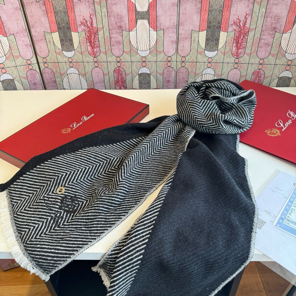 Loro Piana Black & White Herringbone Scarf product image 1, provided for visual reference and product detail review