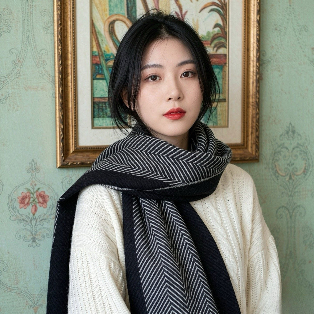 Loro Piana Black & White Herringbone Scarf product image 4, provided for visual reference and product detail review
