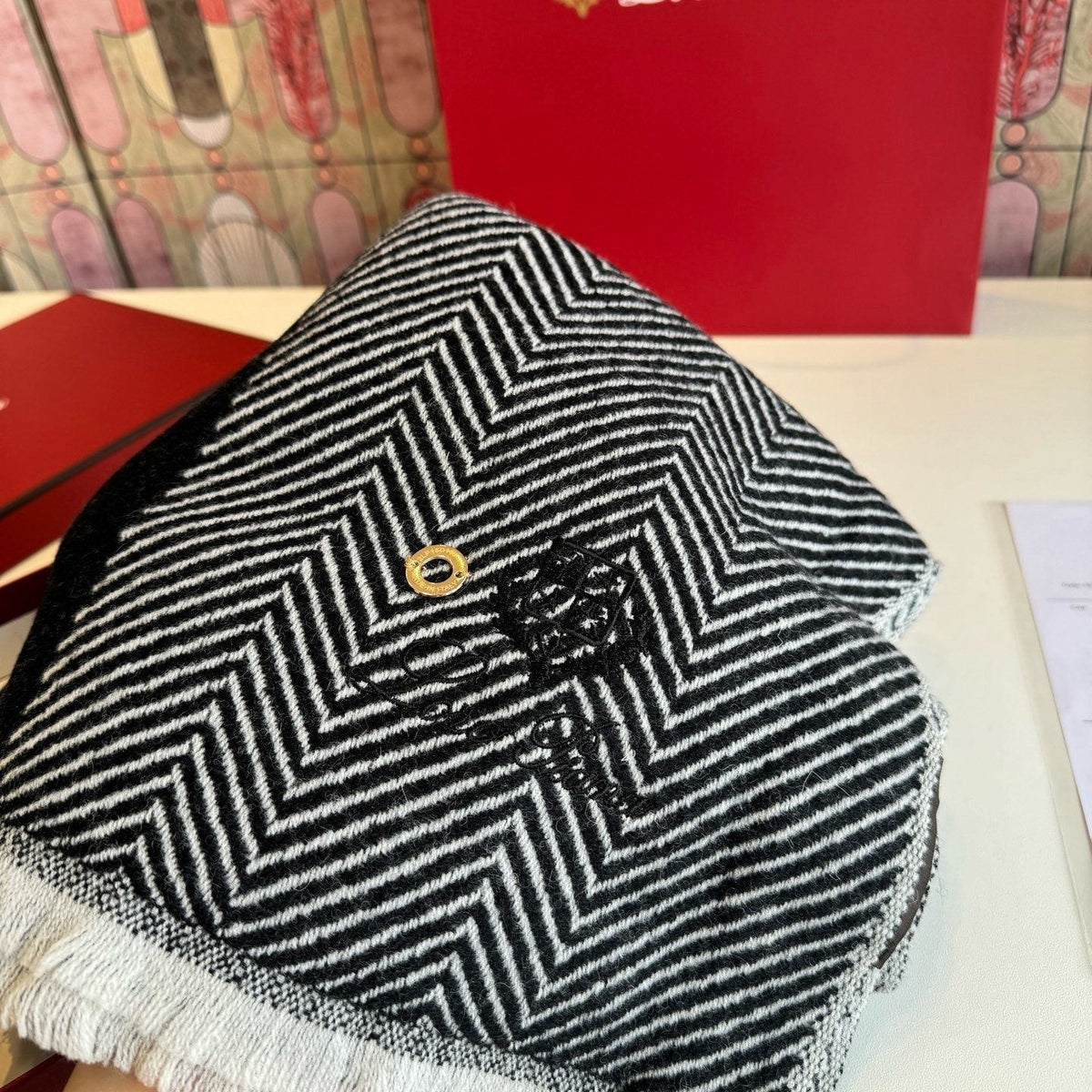 Loro Piana Black & White Herringbone Scarf product image 5, provided for visual reference and product detail review