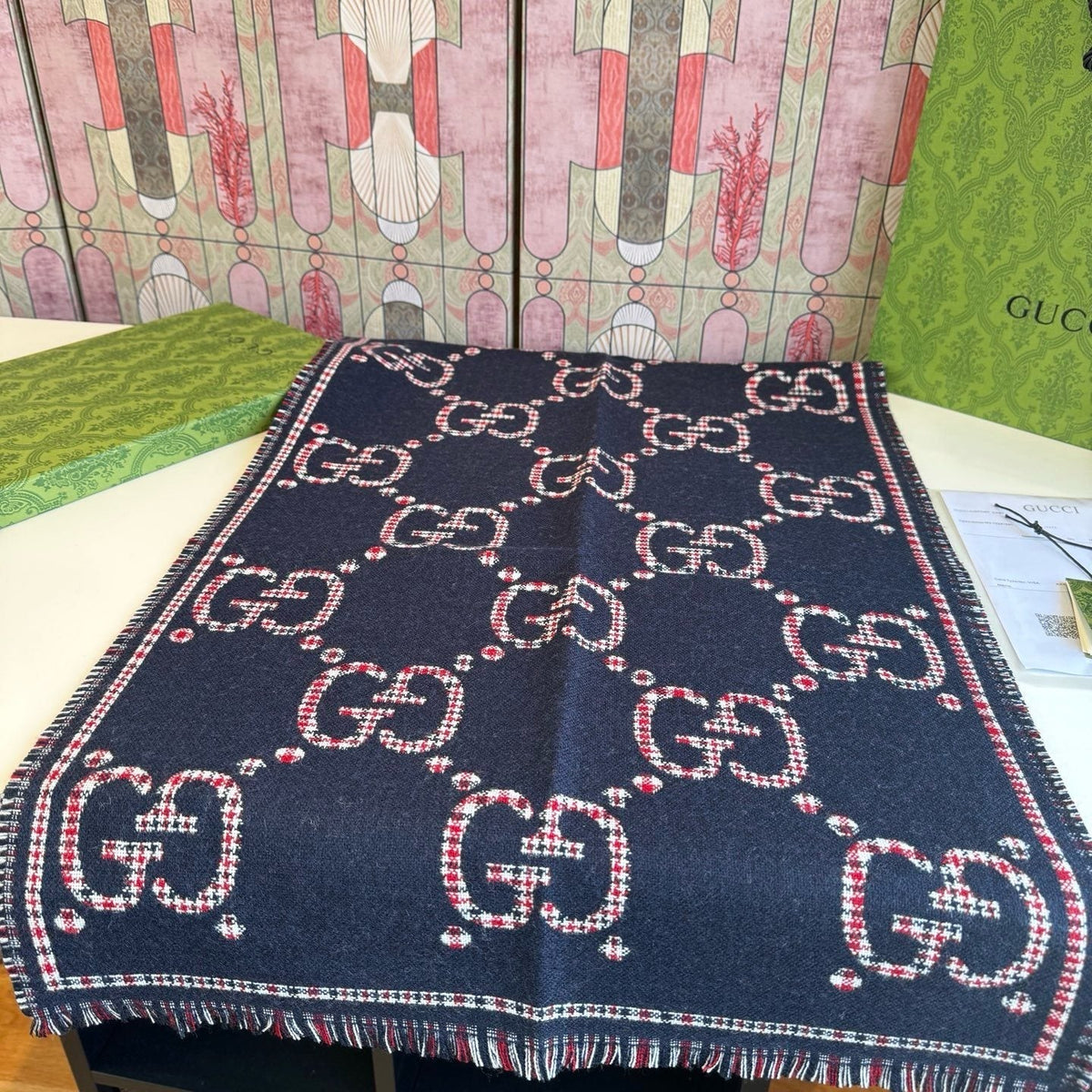 Gucci Wool Interlocking Motif Scarf - 180 x 47 cm product image 6, provided for visual reference and product detail review