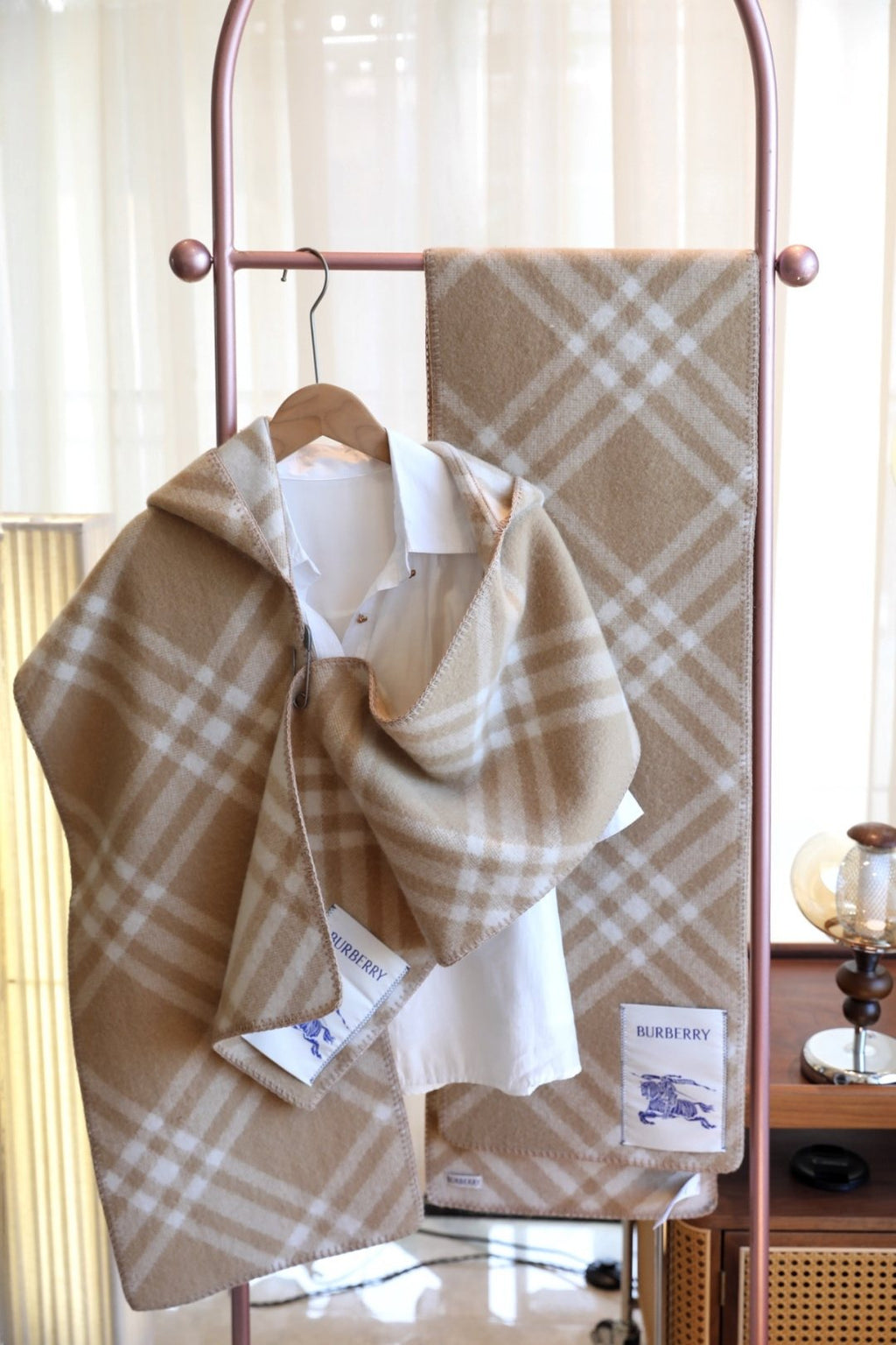 Burberry Cashmere-Wool Plaid Hooded Scarf product image 3, provided for visual reference and product detail review