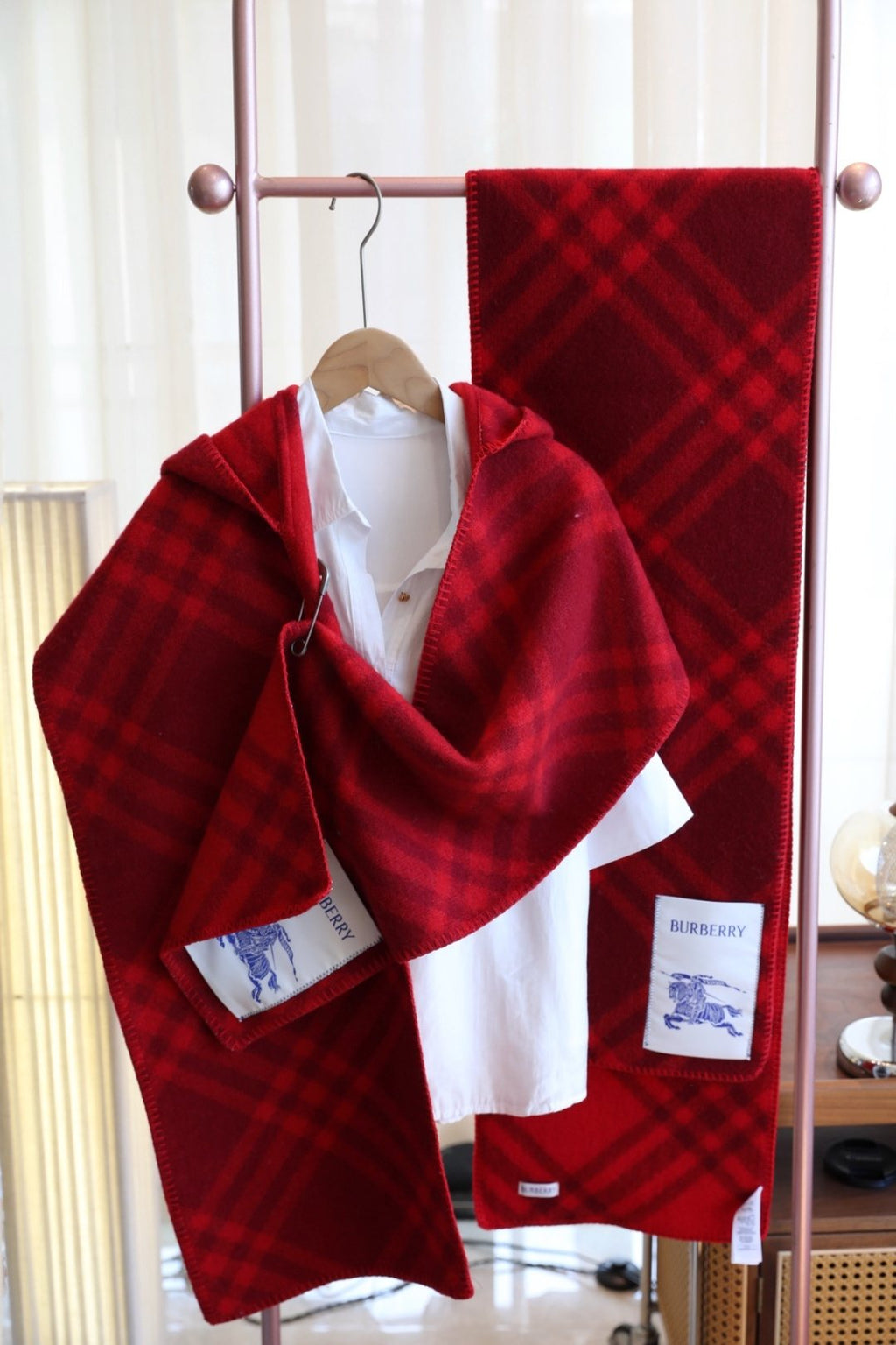 Burberry Cashmere-Wool Plaid Hooded Scarf product image 6, provided for visual reference and product detail review