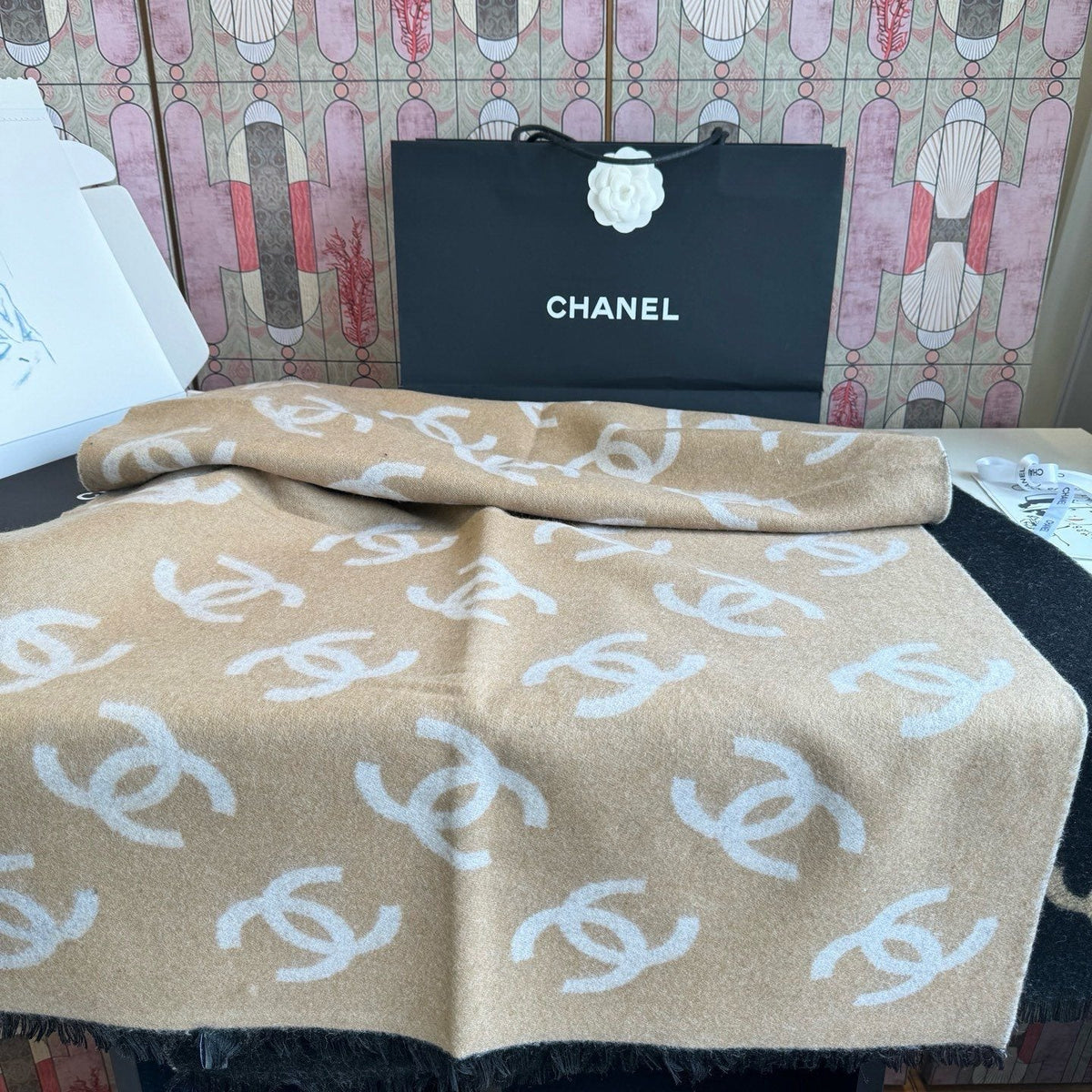 Chanel Reversible Logo Motif Scarf Shawl product image 7, provided for visual reference and product detail review