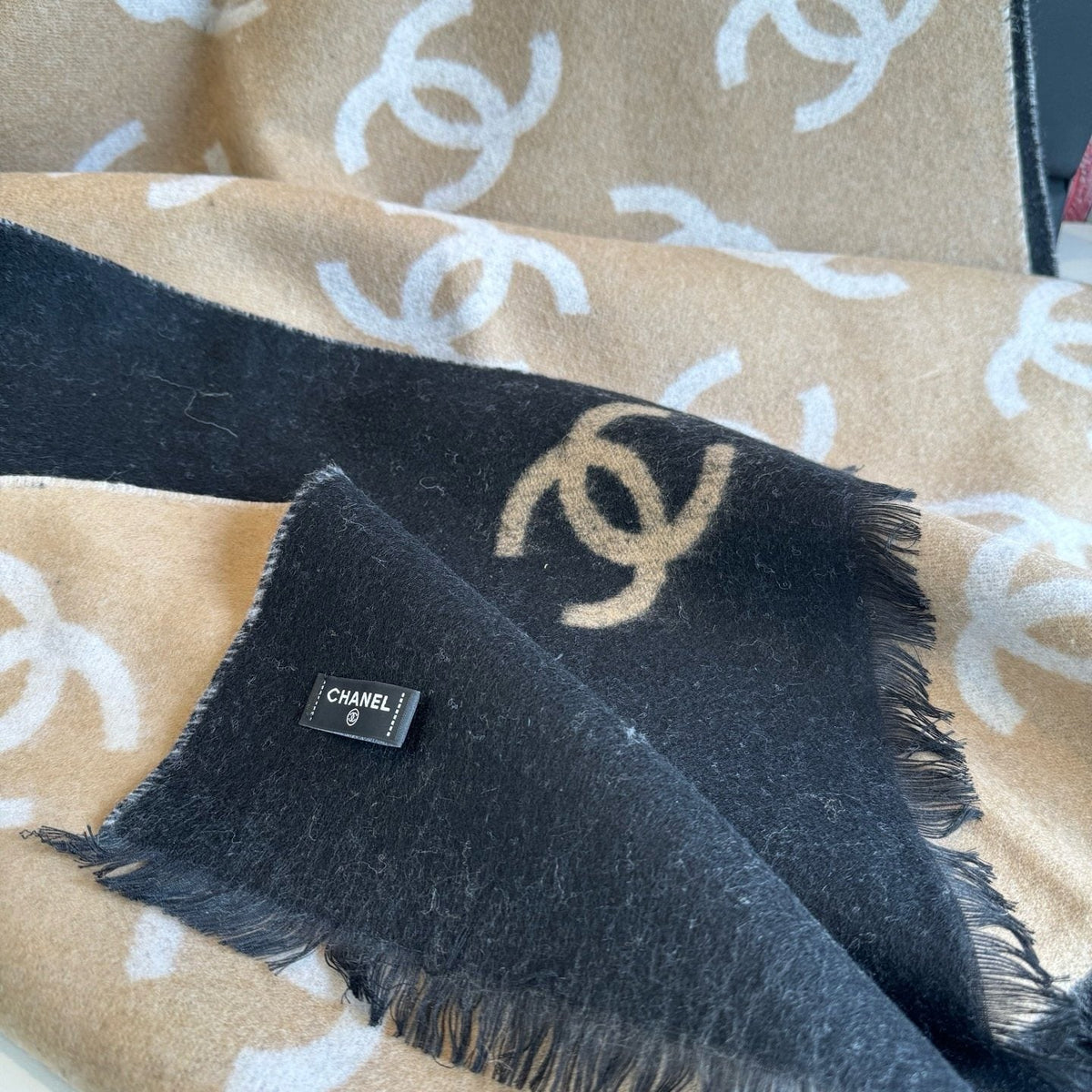 Chanel Reversible Logo Scarf Shawl product image 8, provided for visual reference and product detail review