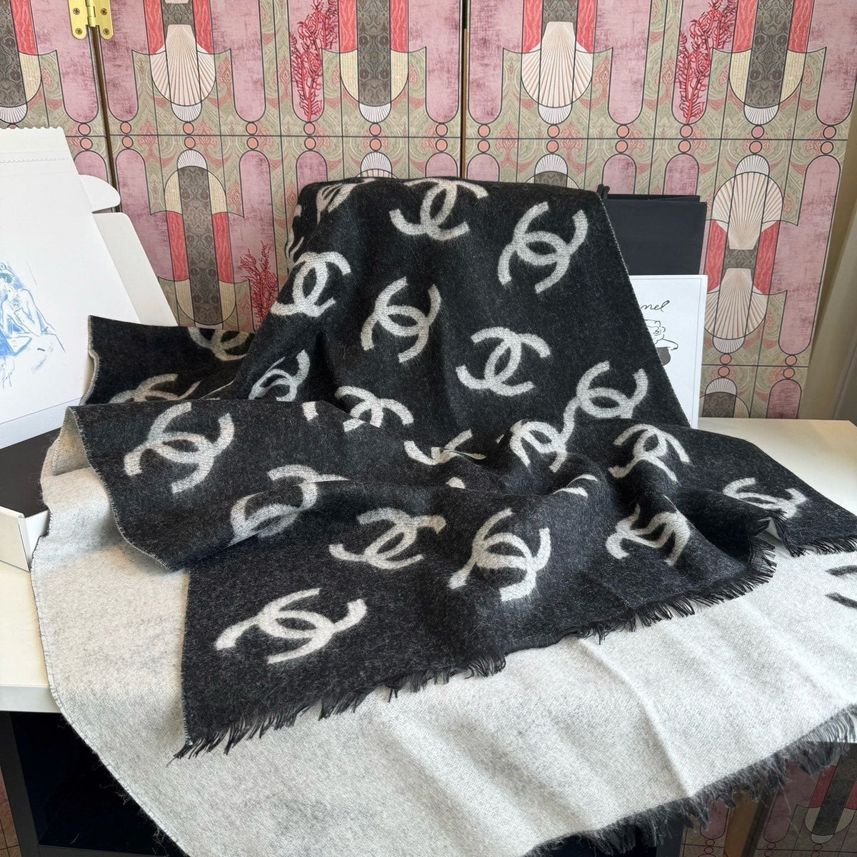 Chanel Reversible Logo Scarf Shawl product image 5, provided for visual reference and product detail review