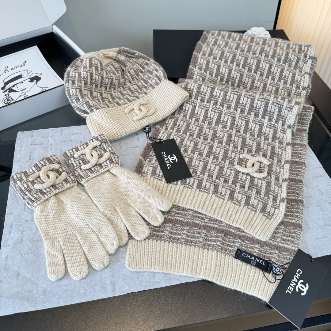Chanel Logo Knit Hat, Scarf & Gloves Set product image 6, provided for visual reference and product detail review
