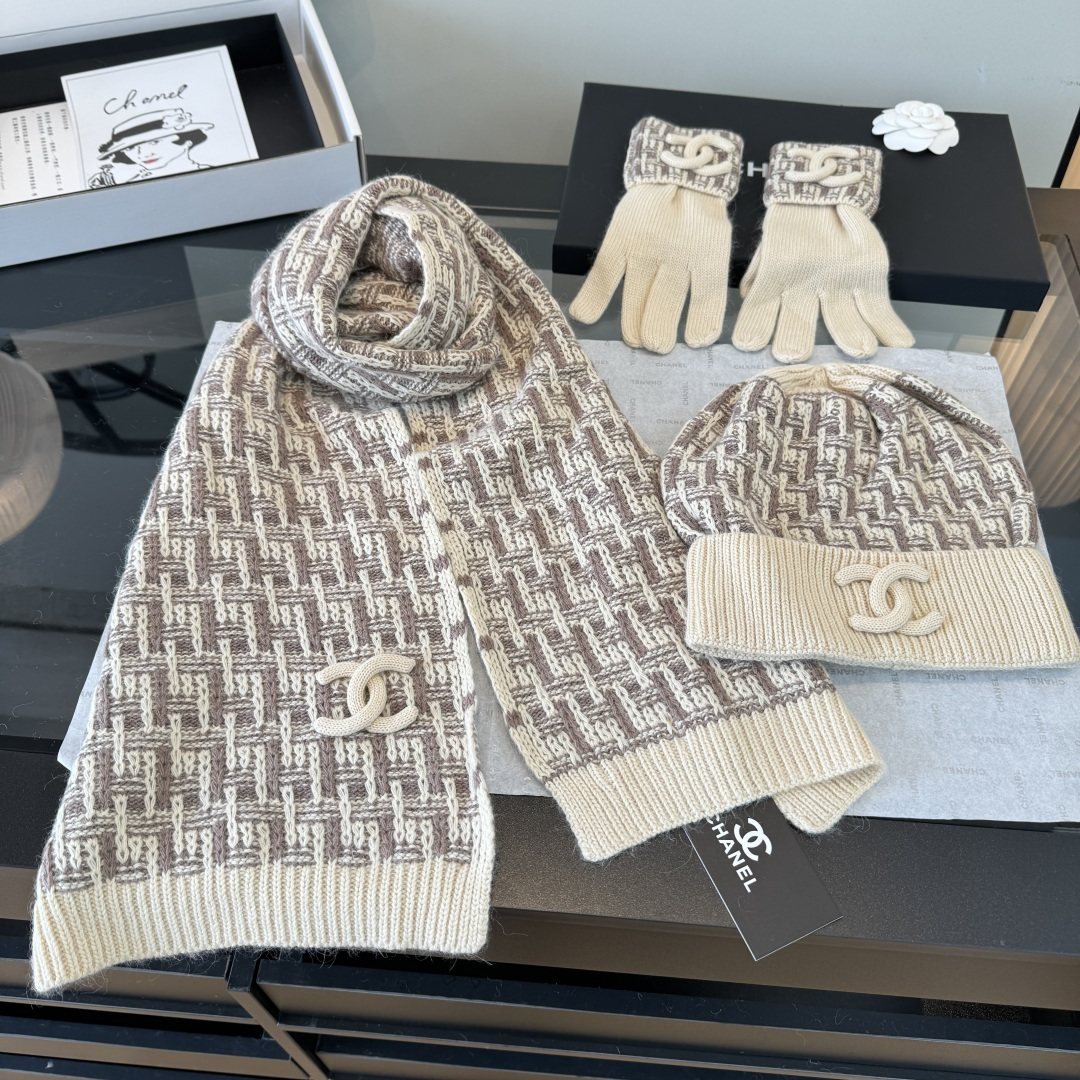 Chanel Logo Knit Hat, Scarf & Gloves Set product image 4, provided for visual reference and product detail review