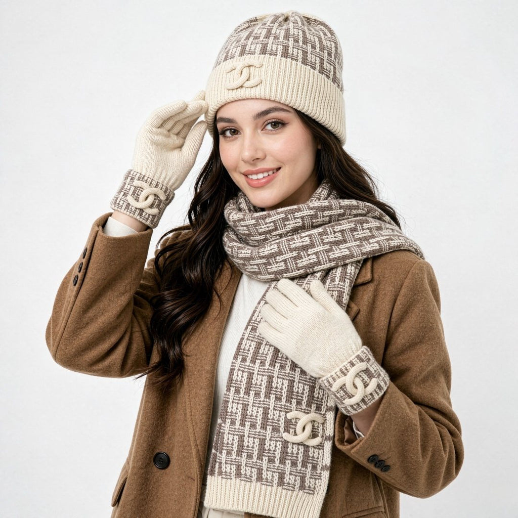 Chanel Logo Knit Hat, Scarf & Gloves Set product image 1, provided for visual reference and product detail review