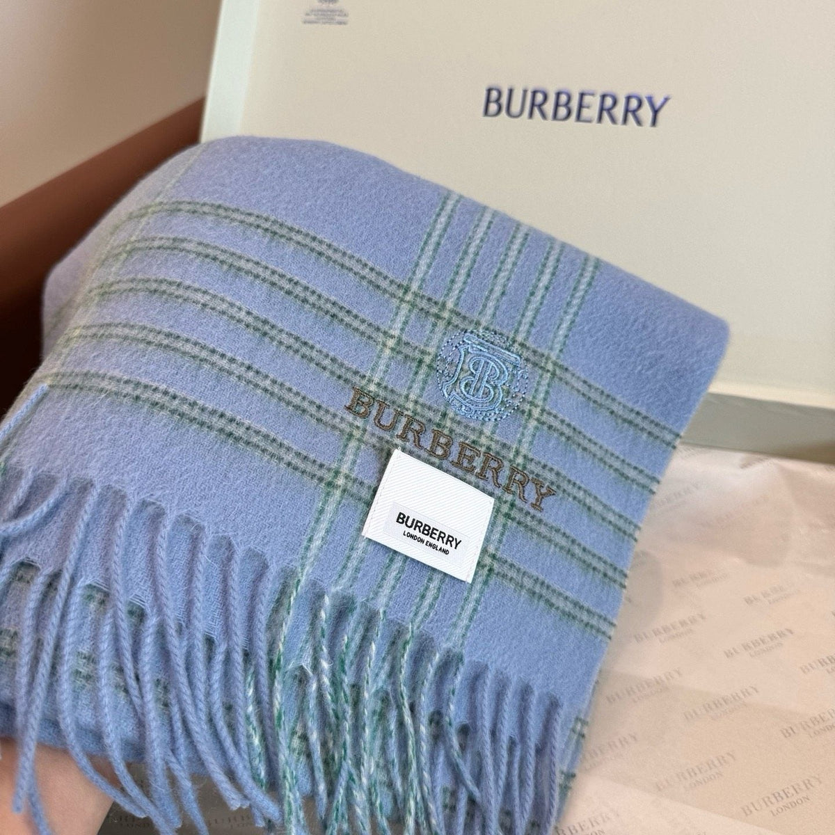 Burberry Light Blue Plaid Fringed Scarf product image 14, provided for visual reference and product detail review