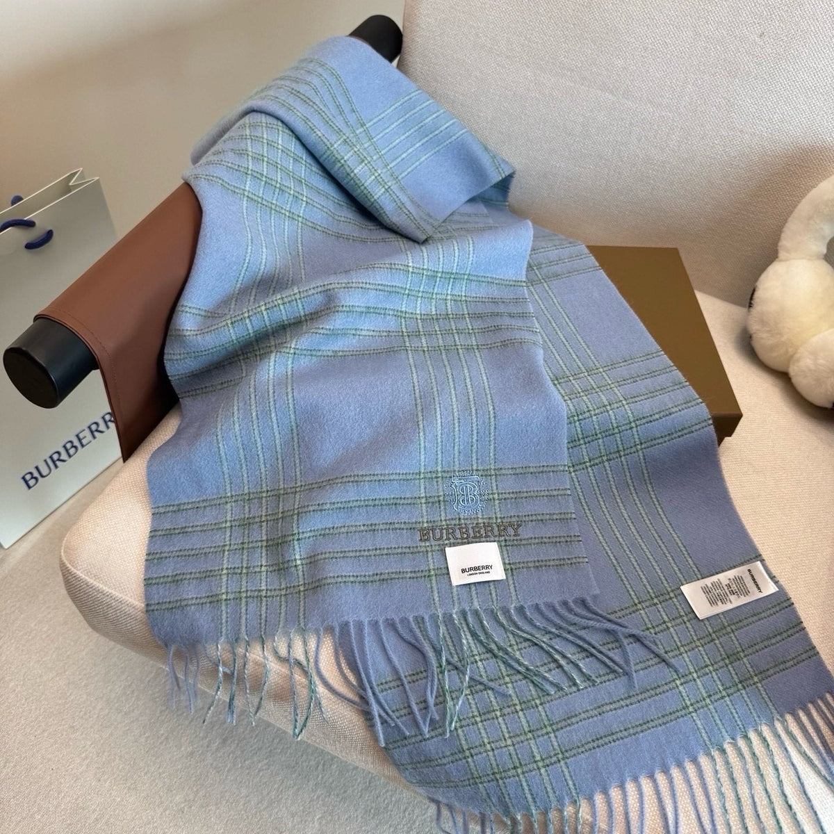 Burberry Light Blue Plaid Fringed Scarf product image 1, provided for visual reference and product detail review