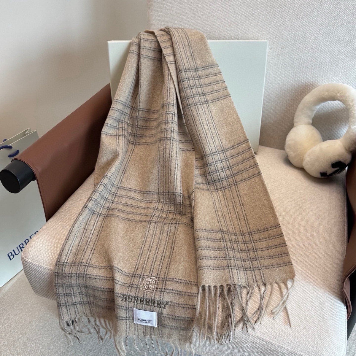 Burberry Light Blue Plaid Fringed Scarf product image 6, provided for visual reference and product detail review