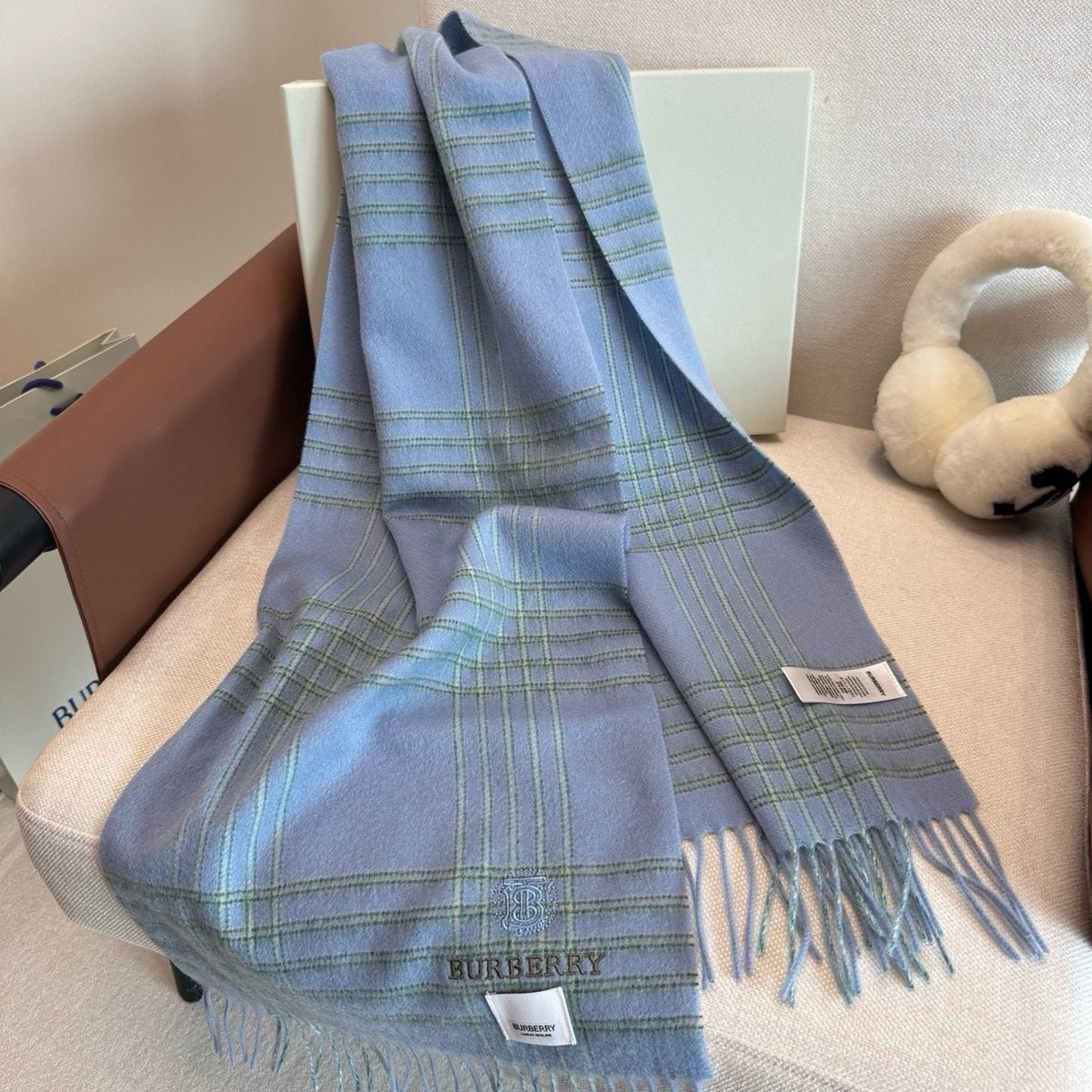 Burberry Light Blue Plaid Fringed Scarf product image 7, provided for visual reference and product detail review