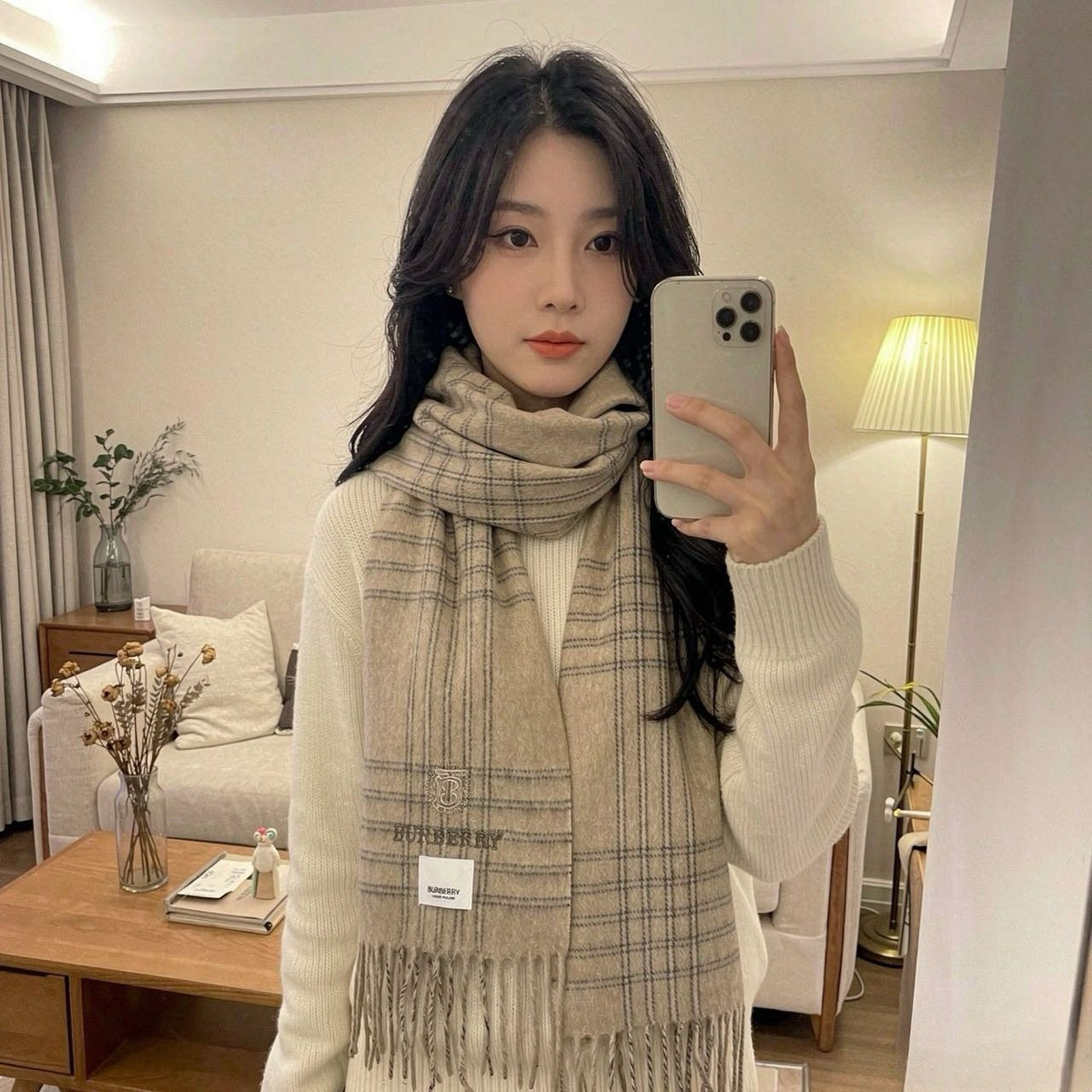 Burberry Light Blue Plaid Fringed Scarf product image 3, provided for visual reference and product detail review