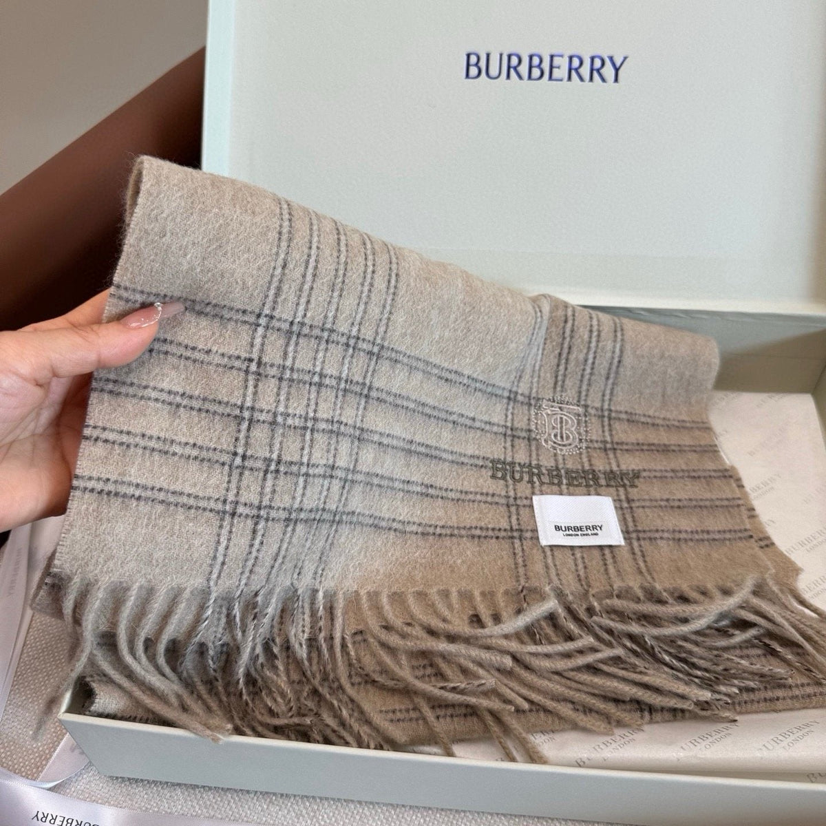 Burberry Light Blue Plaid Fringed Scarf product image 5, provided for visual reference and product detail review