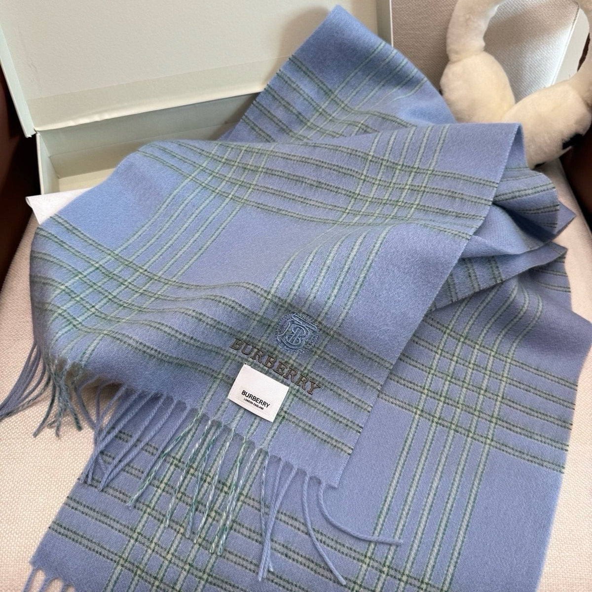 Burberry Woven-Logo Plaid Fringed Scarf product image 7, provided for visual reference and product detail review