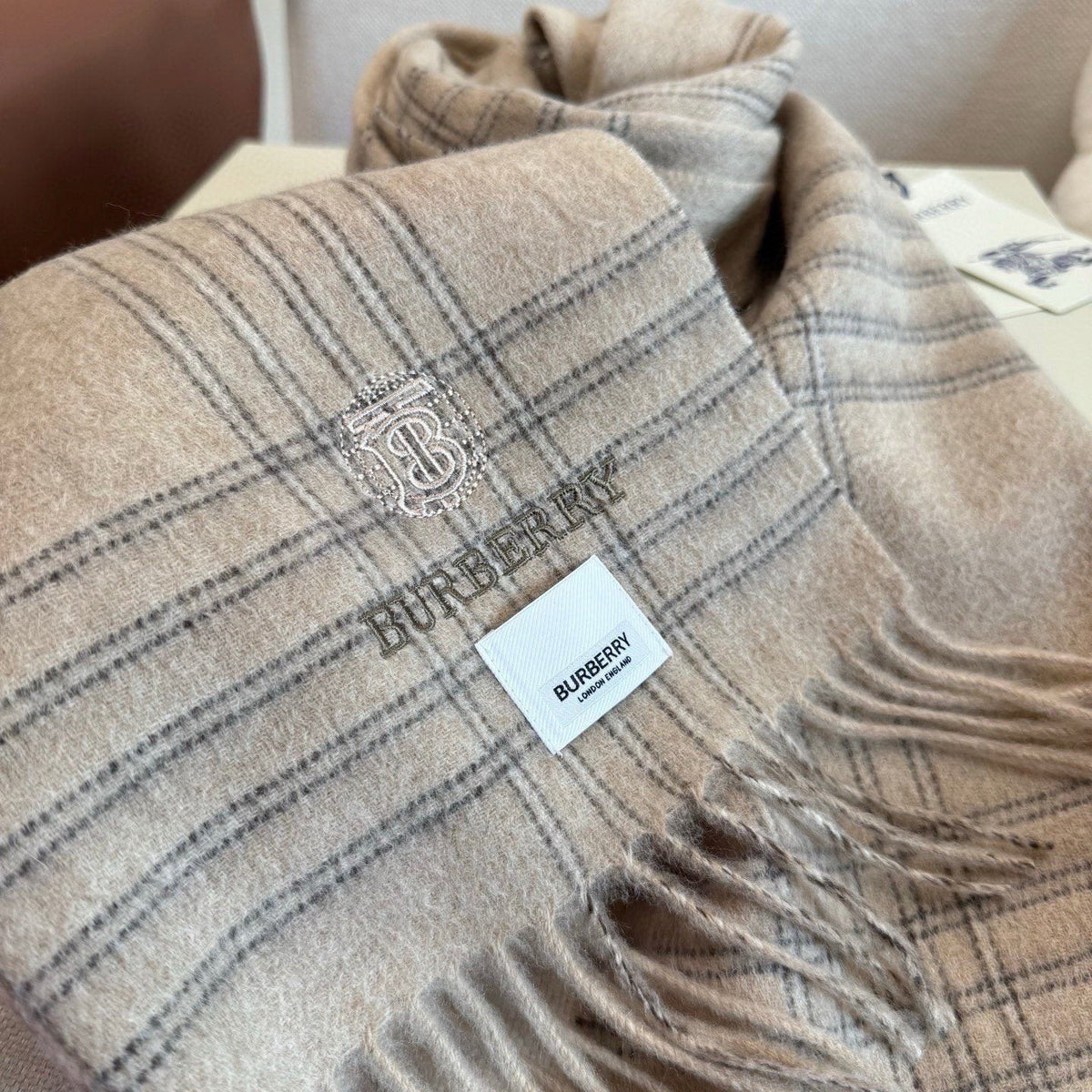 Burberry Woven-Logo Plaid Fringed Scarf product image 14, provided for visual reference and product detail review
