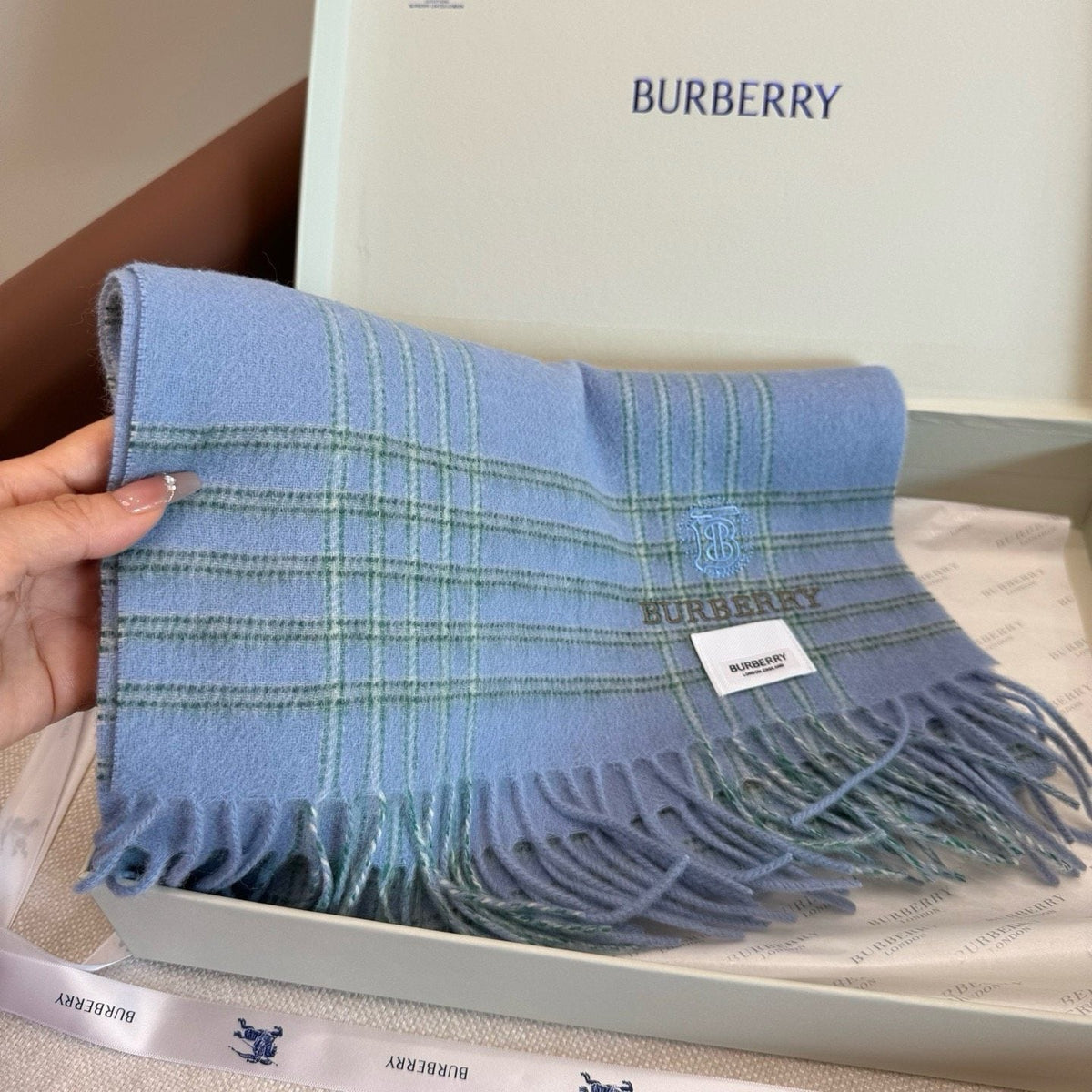 Burberry Woven-Logo Plaid Fringed Scarf product image 3, provided for visual reference and product detail review