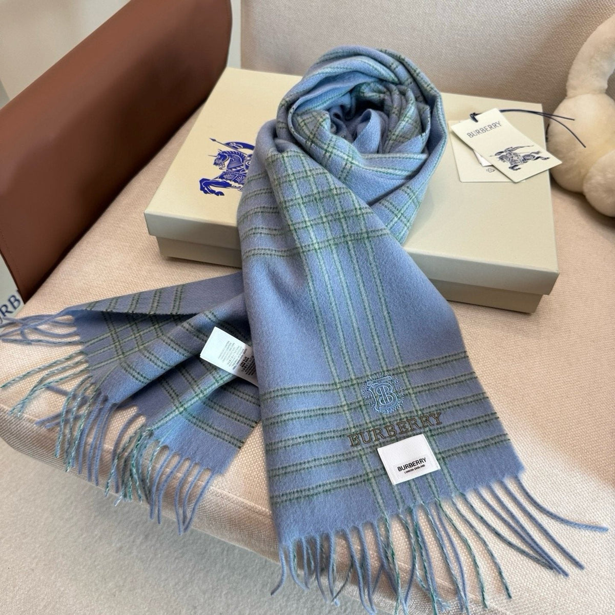 Burberry Light Blue Plaid Fringed Scarf product image 9, provided for visual reference and product detail review