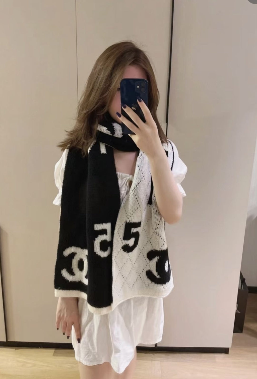 Chanel Beige and Cream Motif Knitted Scarf product image 3, provided for visual reference and product detail review