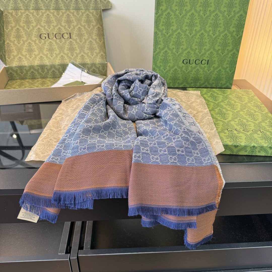 Gucci Blue-Gray Fringed Pattern Scarf product image 3, provided for visual reference and product detail review