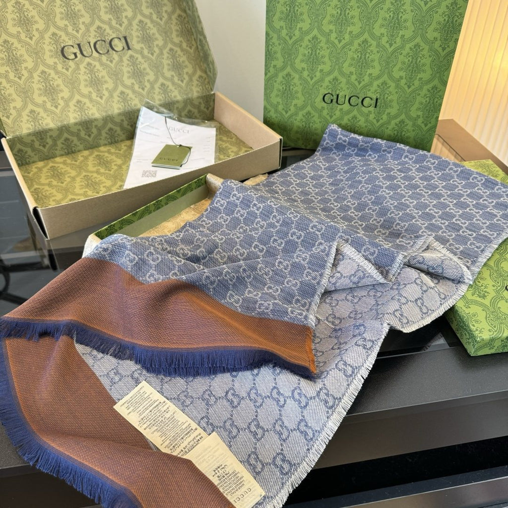 Gucci Blue-Gray Fringed Pattern Scarf product image 2, provided for visual reference and product detail review