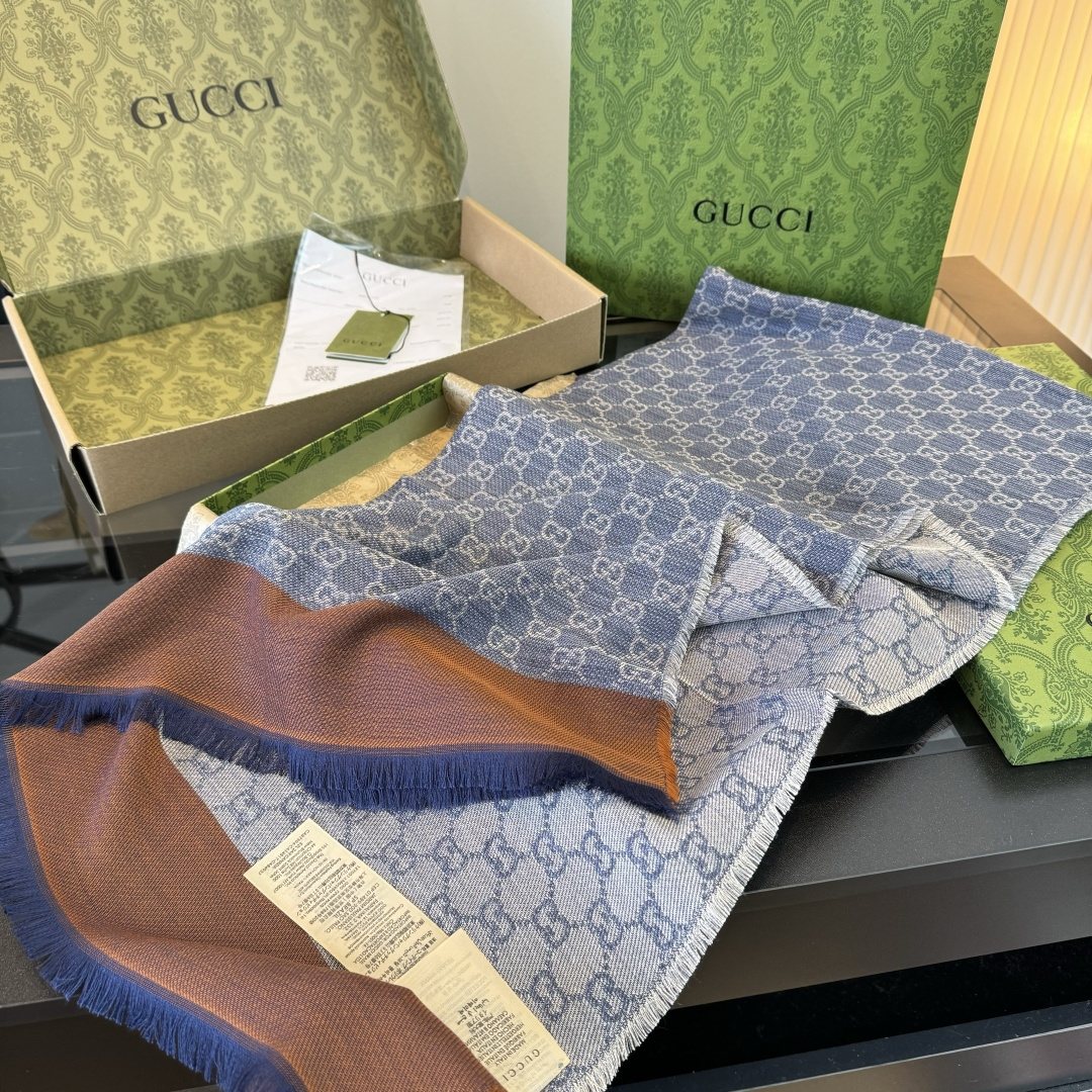 Gucci Blue-Gray Fringed Pattern Scarf product image 2, provided for visual reference and product detail review