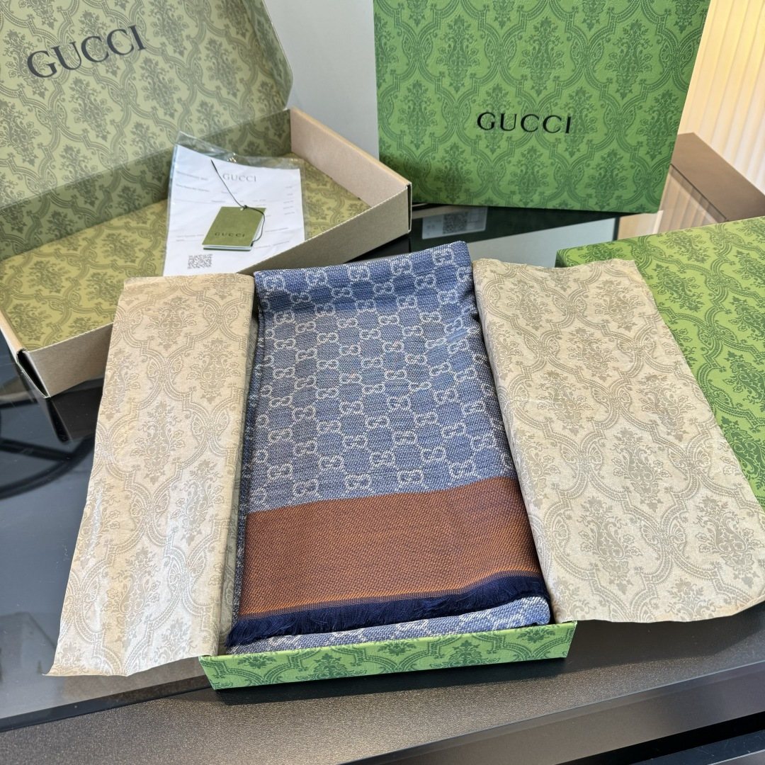 Gucci Blue-Gray Fringed Pattern Scarf product image 5, provided for visual reference and product detail review