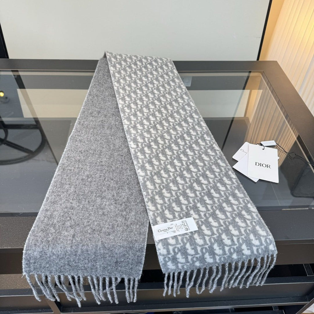 Dior Gray & Ivory Fringed Scarf product image 1, provided for visual reference and product detail review