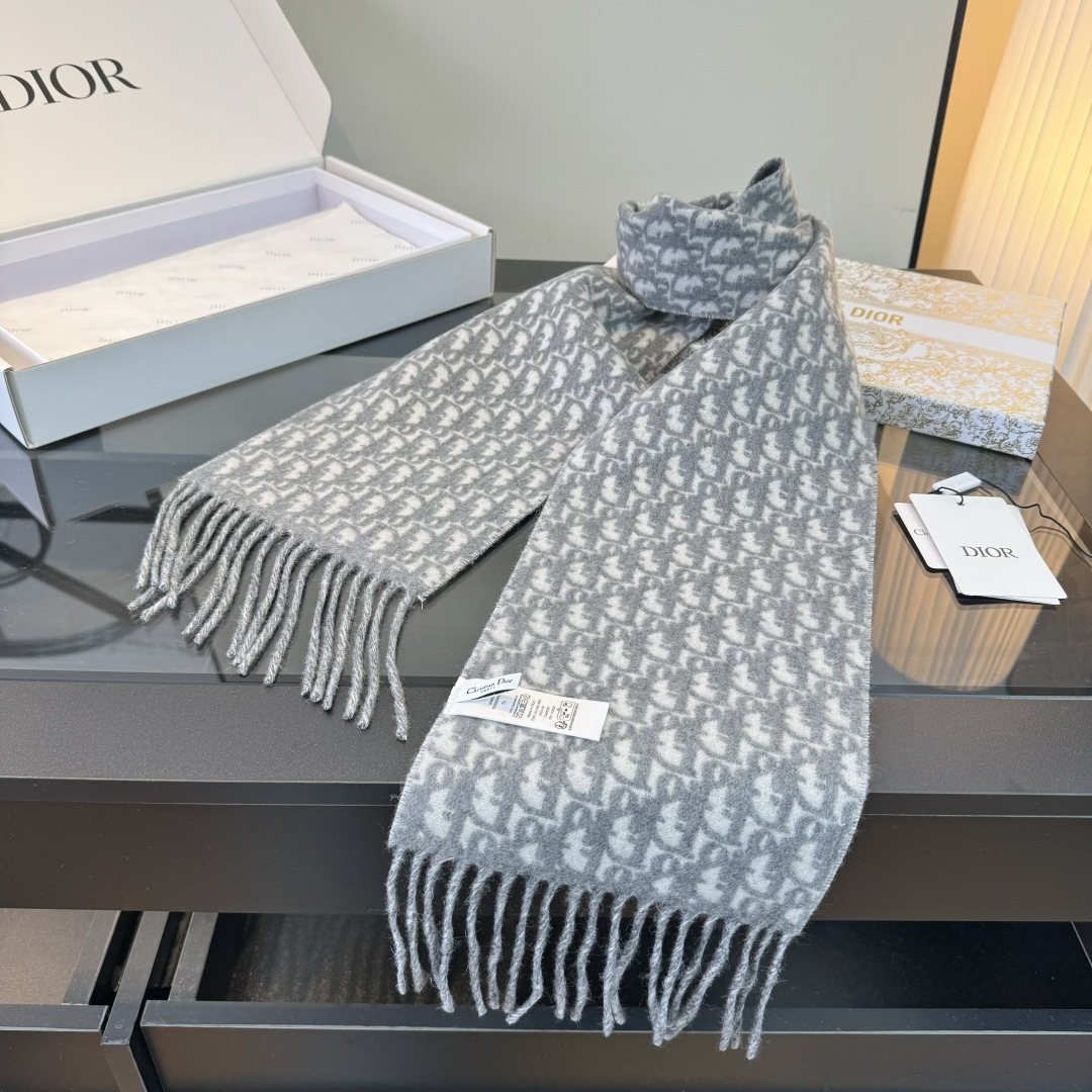 Dior Gray & Ivory Fringed Scarf product image 9, provided for visual reference and product detail review