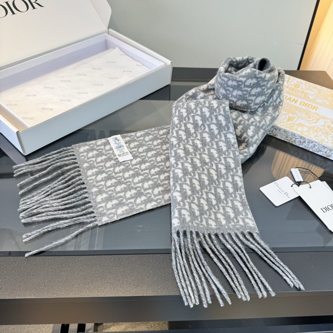 Dior Gray & Ivory Fringed Scarf product image 6, provided for visual reference and product detail review
