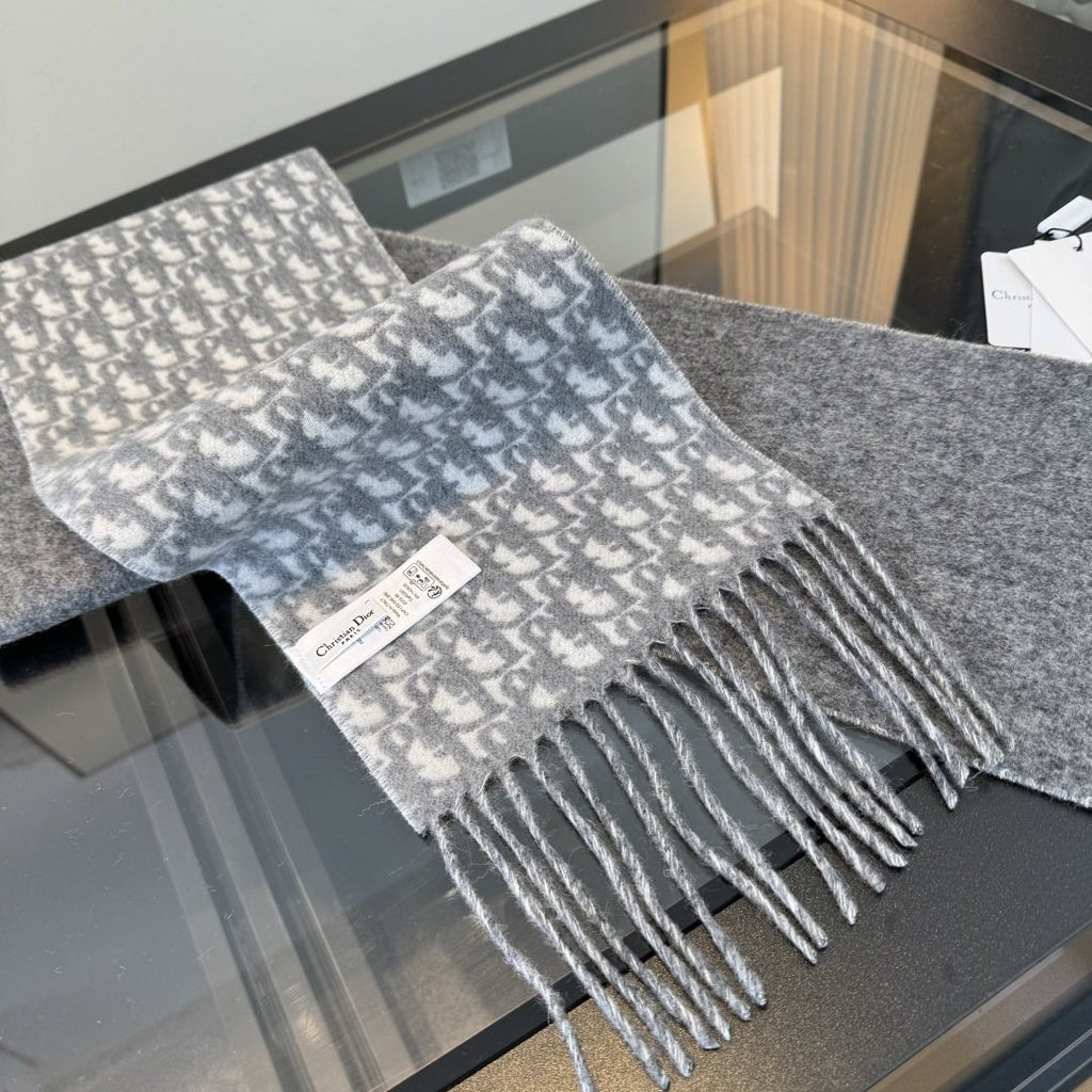 Dior Gray & Ivory Fringed Scarf product image 3, provided for visual reference and product detail review