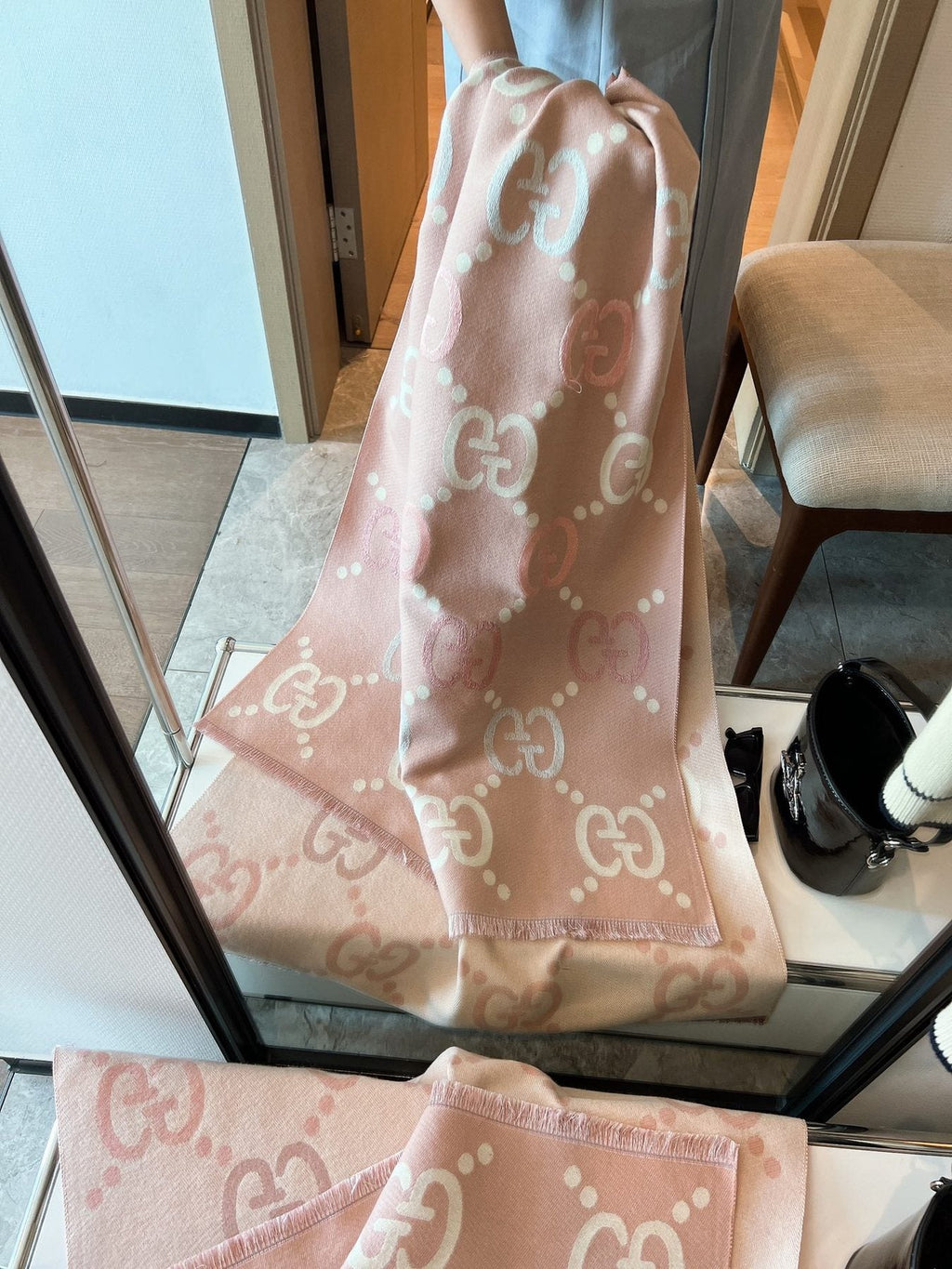Gucci Pink-Beige Fringed Geometric Motif Scarf product image 3, provided for visual reference and product detail review