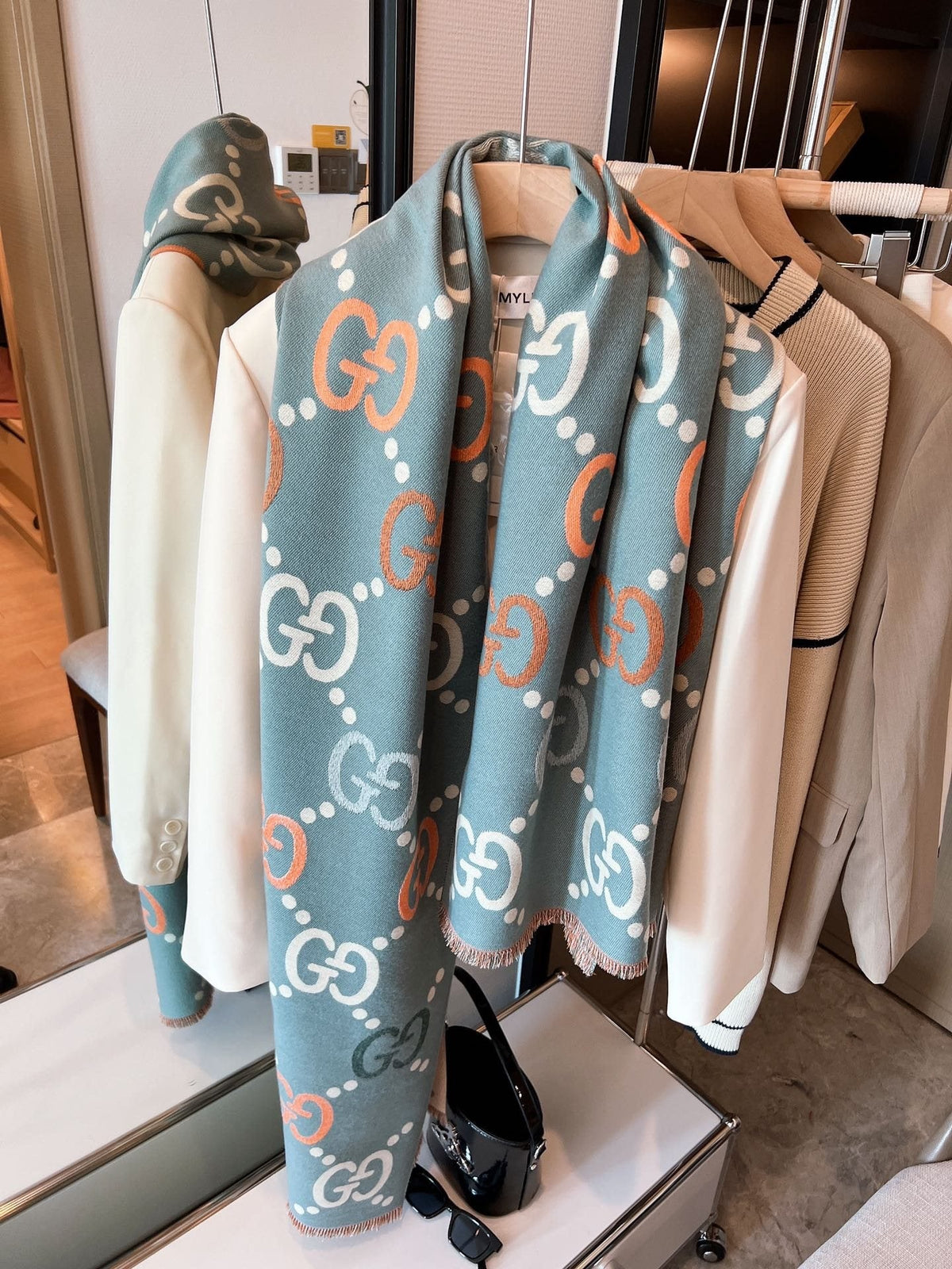 Gucci Pink-Beige Fringed Geometric Motif Scarf product image 1, provided for visual reference and product detail review