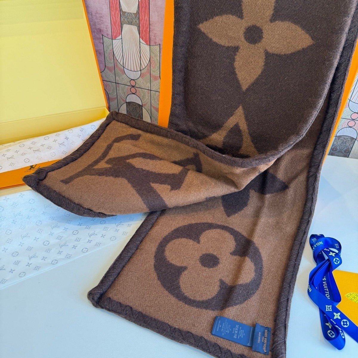 Louis Vuitton Brown and Tan Motif Scarf product image 6, provided for visual reference and product detail review