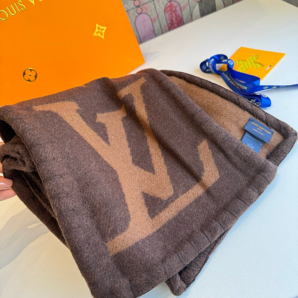 Louis Vuitton Brown and Tan Motif Scarf product image 8, provided for visual reference and product detail review