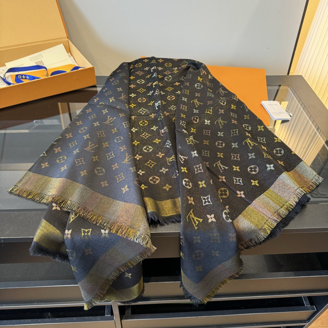 Louis Vuitton Charcoal Gold Monogram Fringed Shawl product image 2, provided for visual reference and product detail review