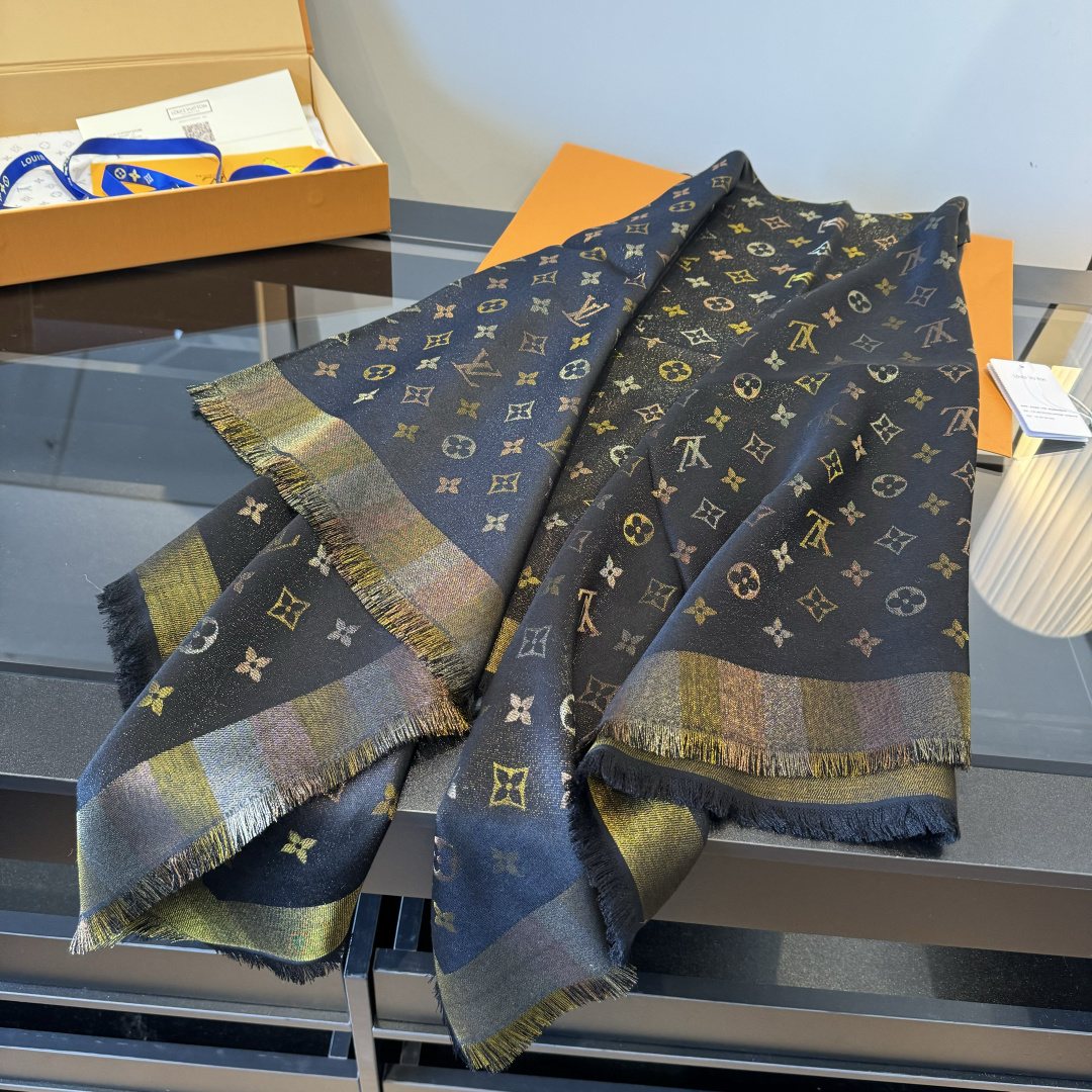 Louis Vuitton Charcoal Gold Monogram Fringed Shawl product image 6, provided for visual reference and product detail review