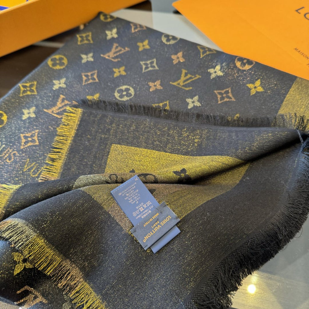 Louis Vuitton Charcoal Gold Monogram Fringed Shawl product image 12, provided for visual reference and product detail review