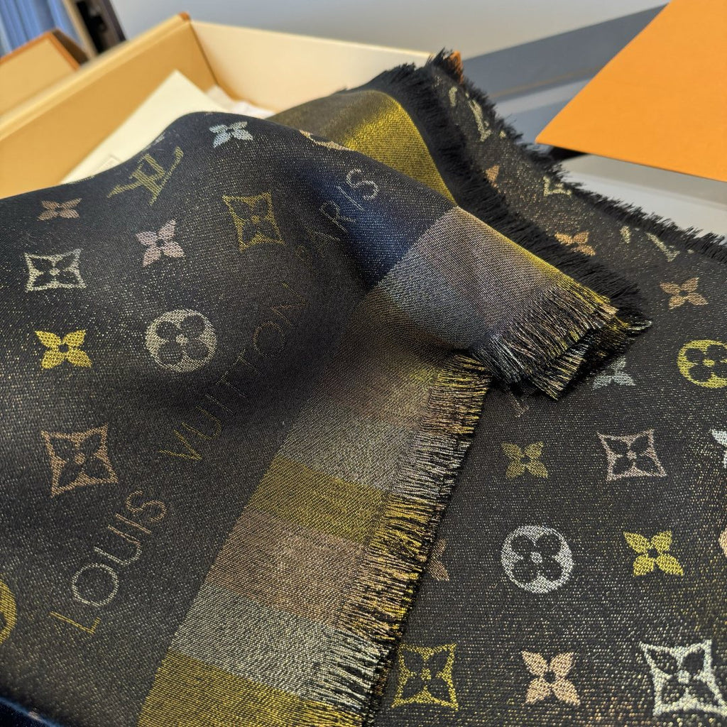 Louis Vuitton Charcoal Gold Monogram Fringed Shawl product image 13, provided for visual reference and product detail review