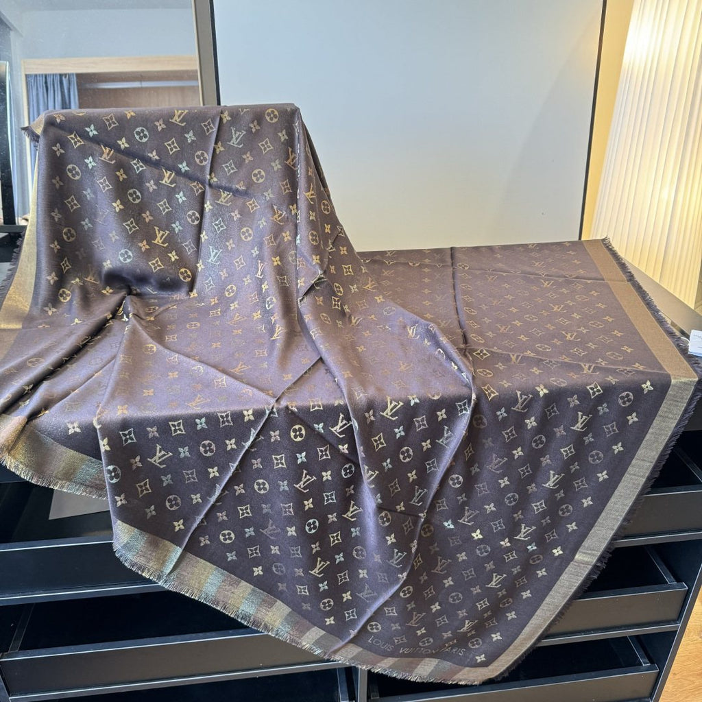Louis Vuitton Charcoal Gold Monogram Fringed Shawl product image 9, provided for visual reference and product detail review