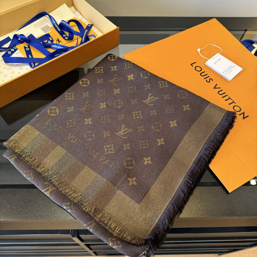 Louis Vuitton Charcoal Gold Monogram Fringed Shawl product image 7, provided for visual reference and product detail review
