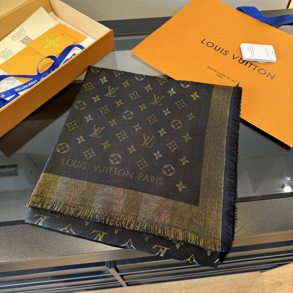 Louis Vuitton Charcoal Gold Monogram Fringed Shawl product image 1, provided for visual reference and product detail review