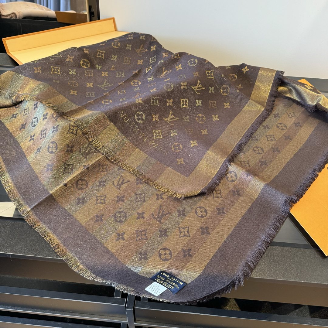 Louis Vuitton Charcoal Gold Monogram Fringed Shawl product image 5, provided for visual reference and product detail review