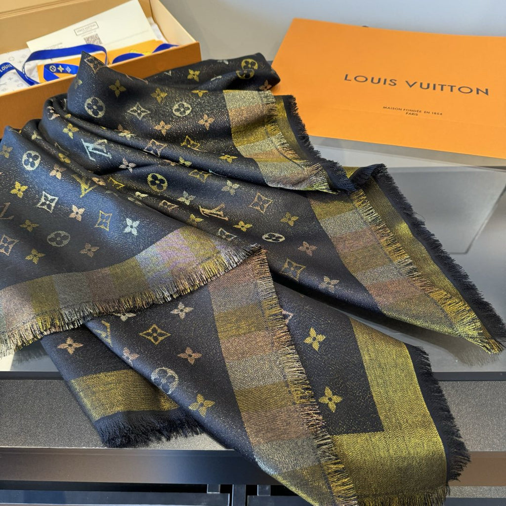 Louis Vuitton Charcoal Gold Monogram Fringed Shawl product image 8, provided for visual reference and product detail review