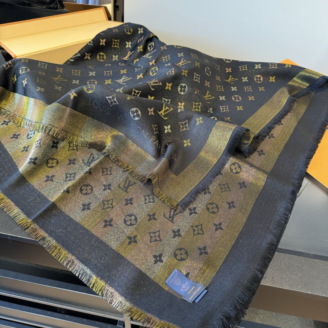 Louis Vuitton Charcoal Gold Monogram Fringed Shawl product image 3, provided for visual reference and product detail review