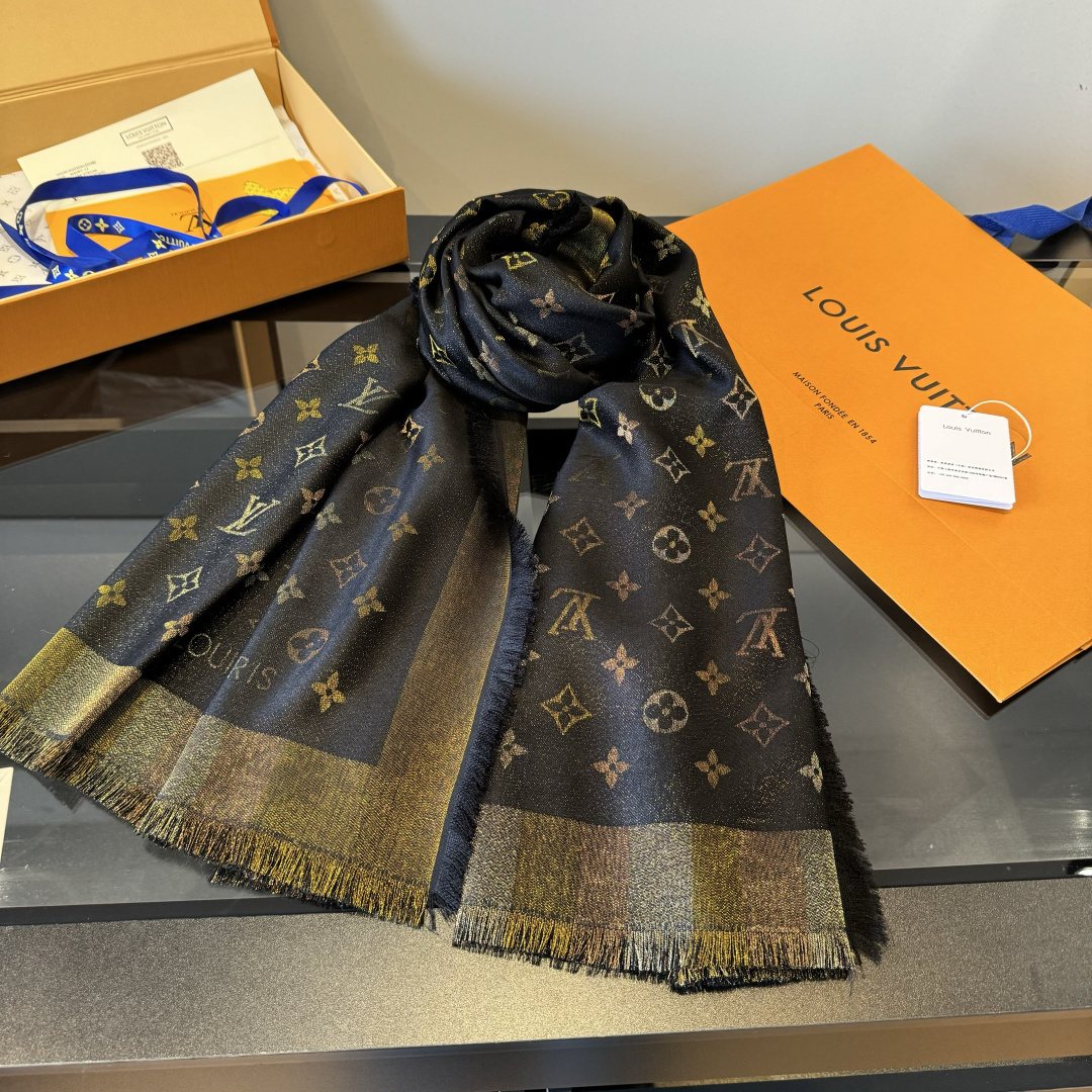 Louis Vuitton Charcoal Gold Monogram Fringed Shawl product image 11, provided for visual reference and product detail review