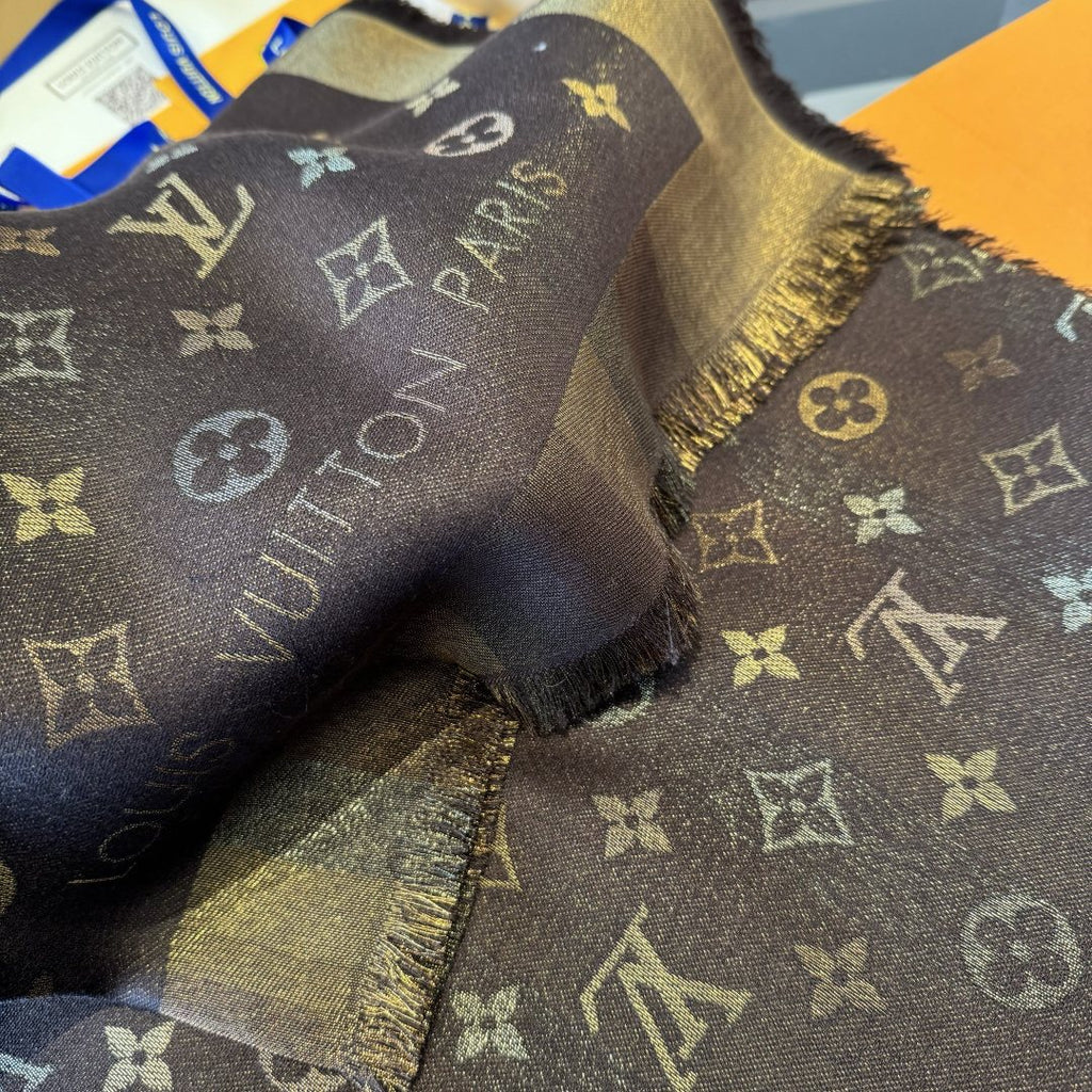 Louis Vuitton Charcoal Gold Monogram Fringed Shawl product image 14, provided for visual reference and product detail review