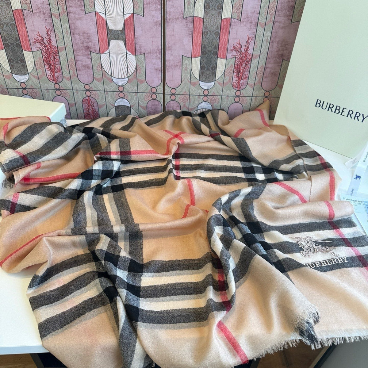 Burberry Beige Plaid Cashmere Scarf product image 5, provided for visual reference and product detail review