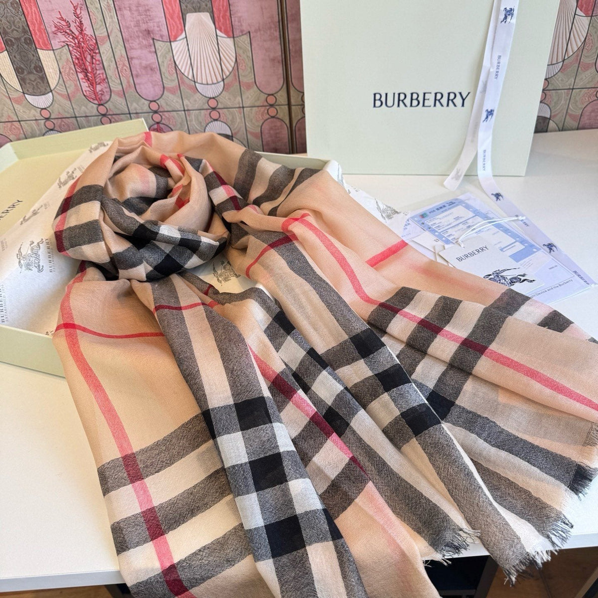 Burberry Beige Plaid Cashmere Scarf product image 4, provided for visual reference and product detail review