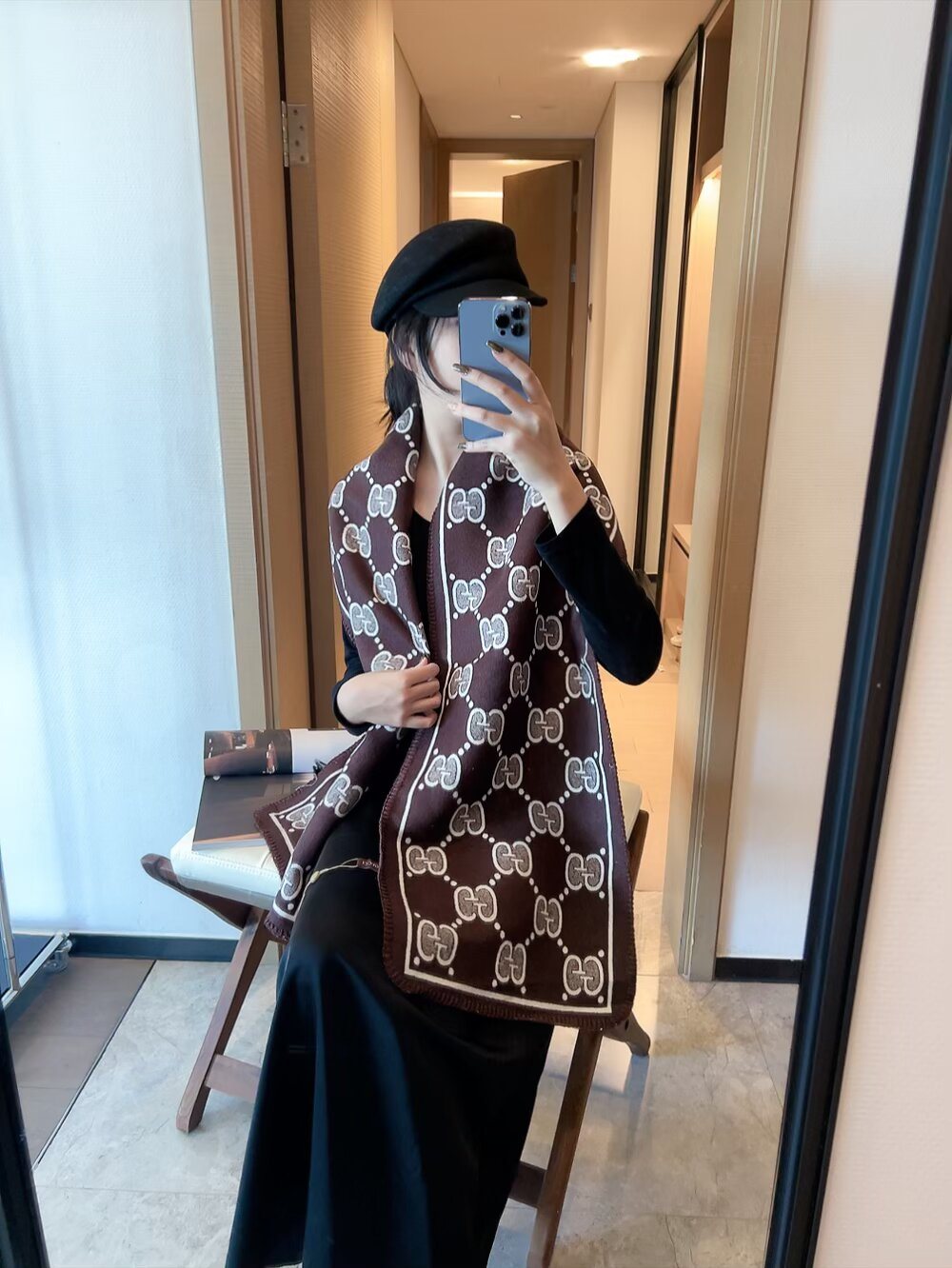 Gucci Woven Geometric Motif Fringe Scarf product image 3, provided for visual reference and product detail review